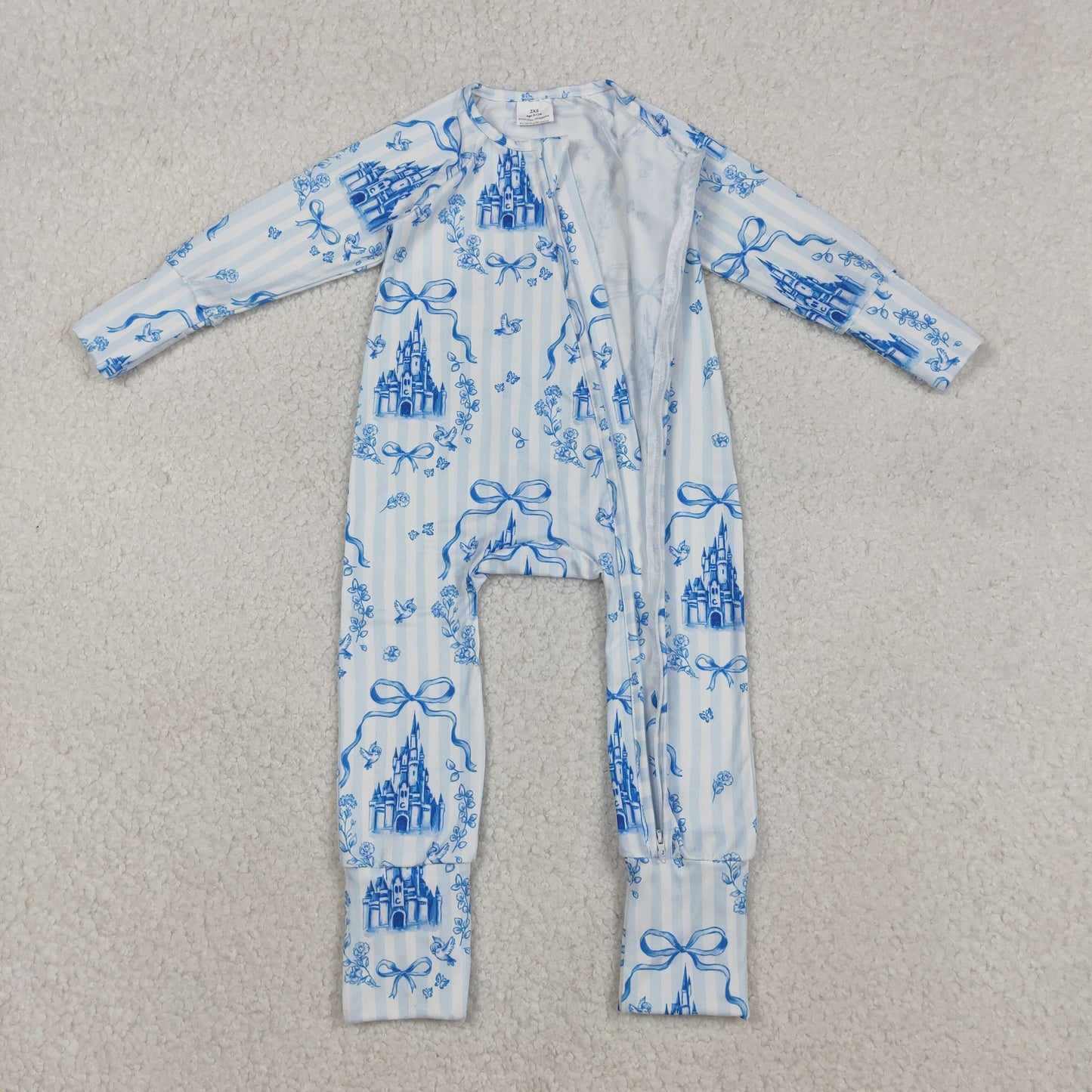 USA Shop Baby Girls Long Sleeves Bows Castles Blue Stripes Zipper Footie Sleeper Romper