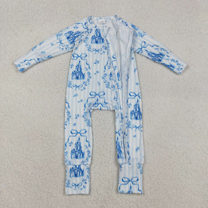 USA Shop Baby Girls Long Sleeves Bows Castles Blue Stripes Zipper Footie Sleeper Romper