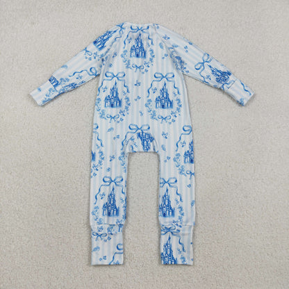 USA Shop Baby Girls Long Sleeves Bows Castles Blue Stripes Zipper Footie Sleeper Romper