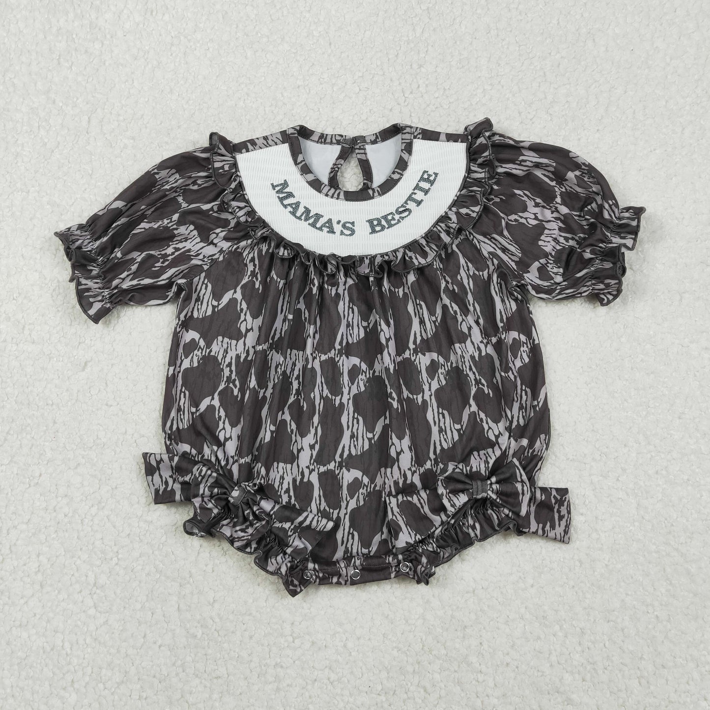RTS Sibling Baby Girls Kids Embroidery Mama's Bestie Camo Bows Bubble Rompers