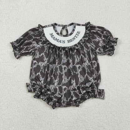 RTS Sibling Baby Girls Kids Embroidery Mama's Bestie Camo Bows Bubble Rompers