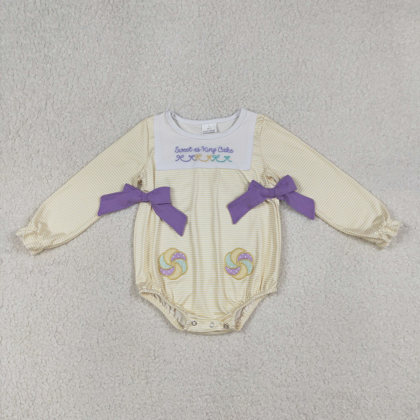 RTS Sibling Baby Girls Kids Long Sleeves Embroidery Sweet Cake Bows Mardi Gras Romper Set