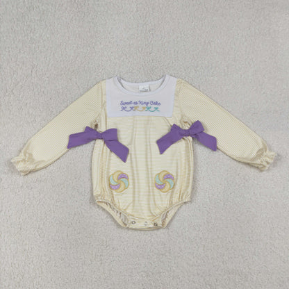 RTS Sibling Baby Girls Kids Long Sleeves Embroidery Sweet Cake Bows Mardi Gras Romper Set