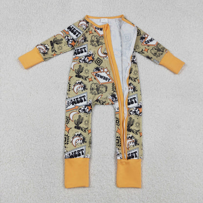 Sibling Baby Boys Girls Long Sleeves Boots Cactus Western Cow Print Zipper Footie Sleeper Rompers