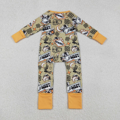 Sibling Baby Boys Girls Long Sleeves Boots Cactus Western Cow Print Zipper Footie Sleeper Rompers