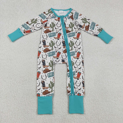 Sibling Baby Boys Girls Long Sleeves Boots Cactus Western Cow Print Zipper Footie Sleeper Rompers