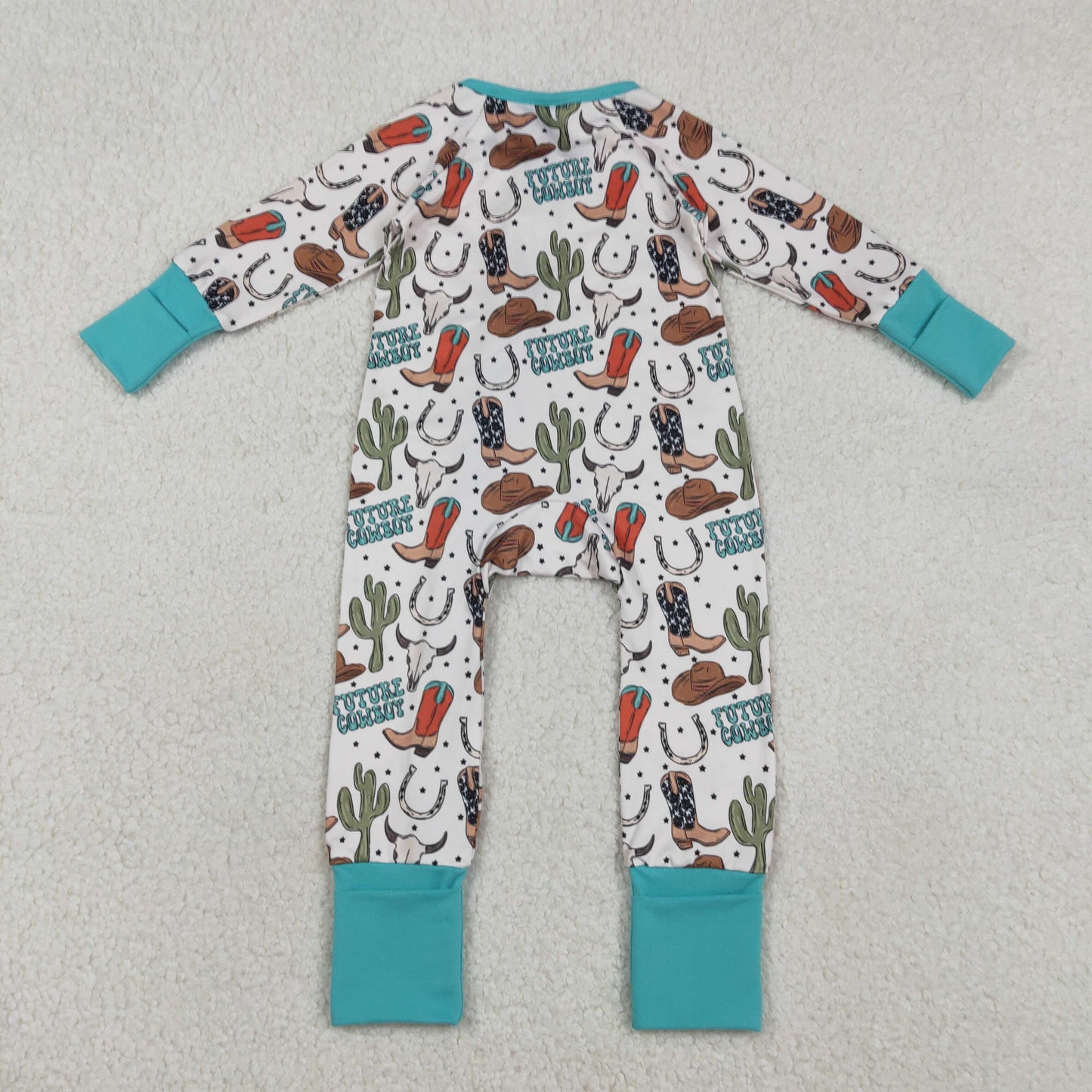 Sibling Baby Boys Girls Long Sleeves Boots Cactus Western Cow Print Zipper Footie Sleeper Rompers
