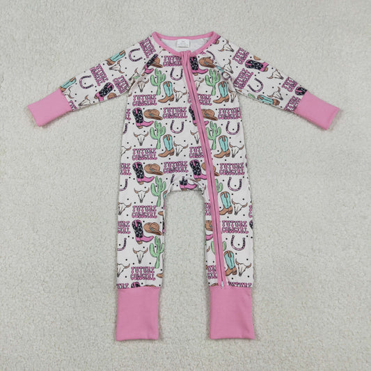 Sibling Baby Boys Girls Long Sleeves Boots Cactus Western Cow Print Zipper Footie Sleeper Rompers