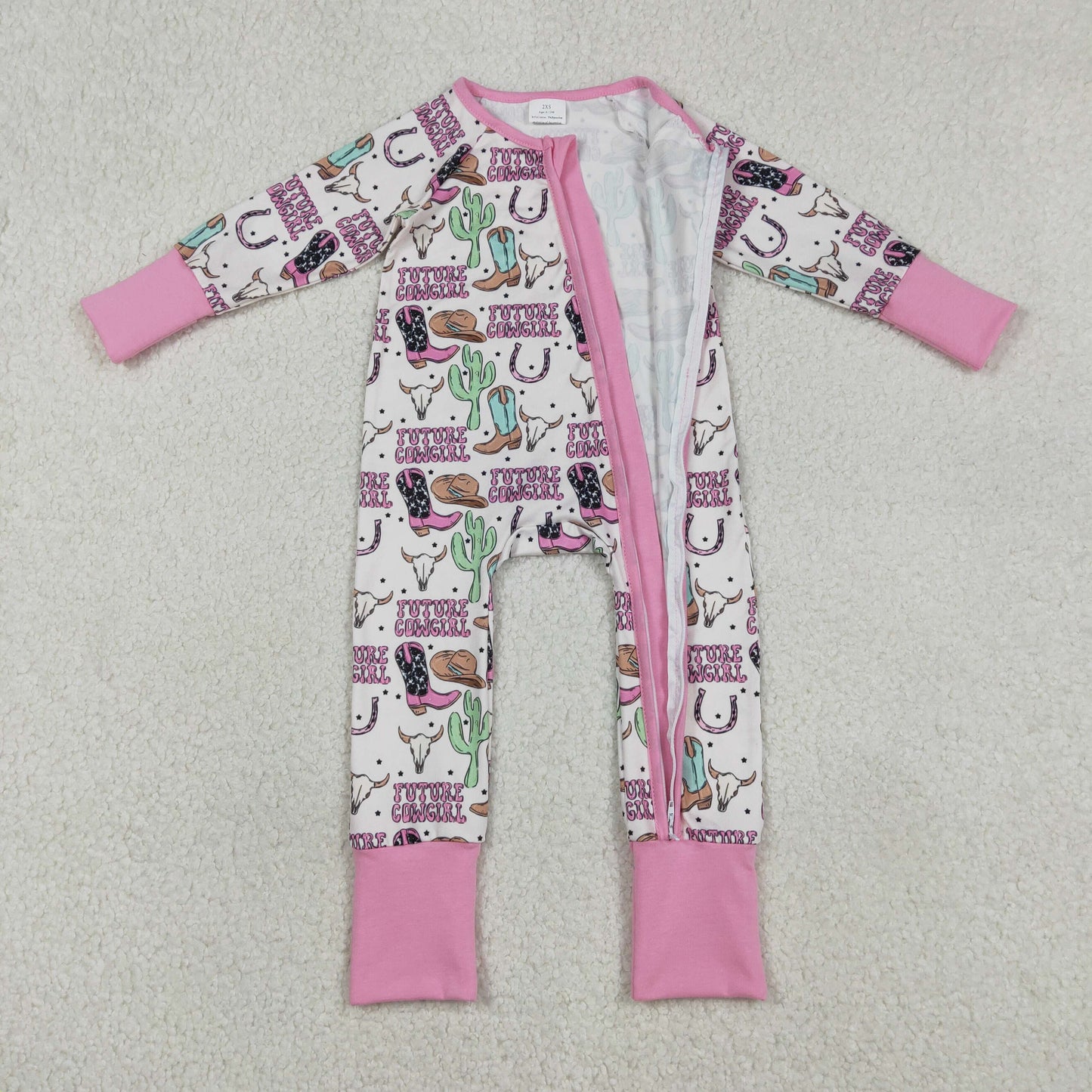 Sibling Baby Boys Girls Long Sleeves Boots Cactus Western Cow Print Zipper Footie Sleeper Rompers