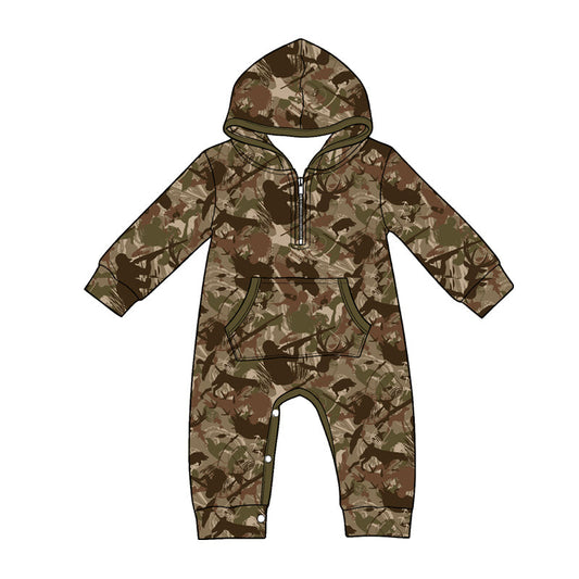 Preorder Baby Boys Infant Long Sleeves Leaves Hoodie Zipper Pockets Hunting Romper ( Moq 5 )