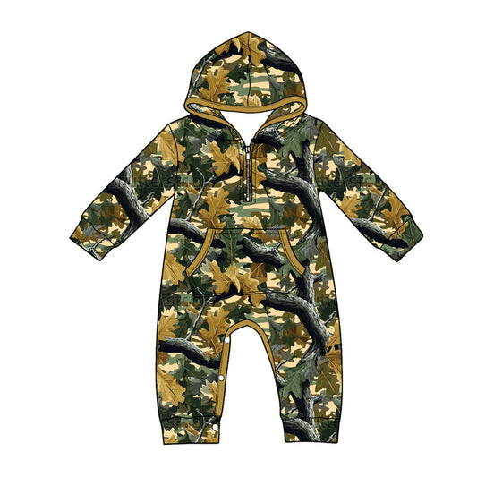 Preorder Baby Boys Infant Long Sleeves Leaves Hoodie Zipper Pockets Camo Romper ( Moq 5 )