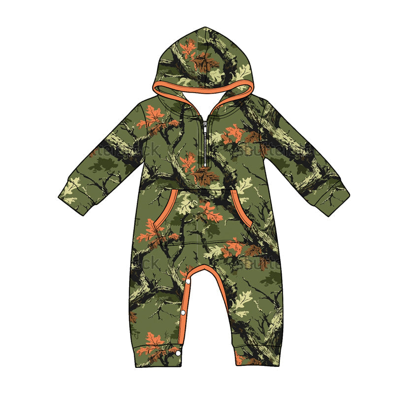 Preorder Baby Boys Infant Long Sleeves Leaves Hoodie Zipper Pockets Green Romper ( Moq 5 )