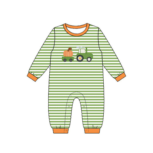 Preorder Baby Boys Kids Long Sleeves Pumpkin Tractor Green Stripes Fall Romper Clothes ( Moq 5 )