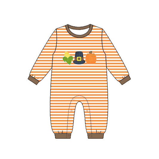 Preorder Baby Boys Kids Long Sleeves Pumpkin Orange Stripes Fall Romper Clothes ( Moq 5 )