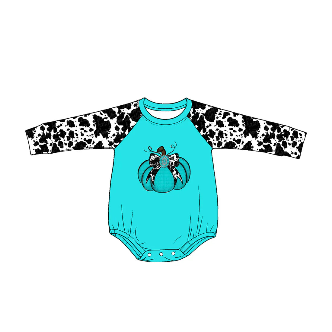 Preorder Baby Girls Kids Cow Print Long Sleeves Pumpkin Bows Green Romper Fall Clothes ( Moq 5 )