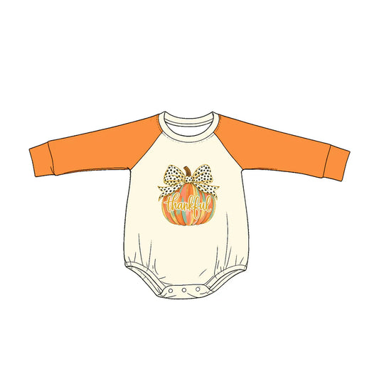 Preorder Baby Girls Kids Orange Long Sleeves Pumpkin Bows Thankful Romper Fall Clothes ( Moq 5 )