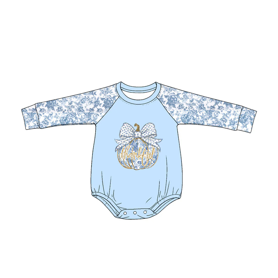 Preorder Baby Girls Kids Flower Long Sleeves Pumpkin Bows Thankful Blue Romper Fall Clothes ( Moq 5 )