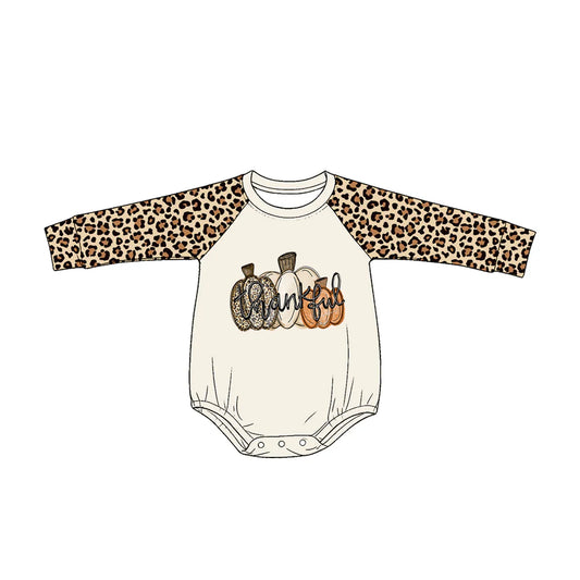Preorder Baby Girls Kids Leopard Long Sleeves Pumpkins Thankful Bubble Romper Fall Clothes ( Moq 5 )