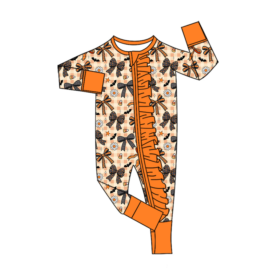 Preorder ( Moq 5 ) Baby Girls Flower Plaid Bows Zipper Footie Sleeper Romper Halloween Clothes
