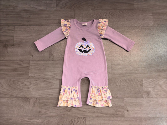 No moq Preorder Baby Kids Infant Embroidery Halloween Pumpkin Bow Flower Purple Romper Clothes