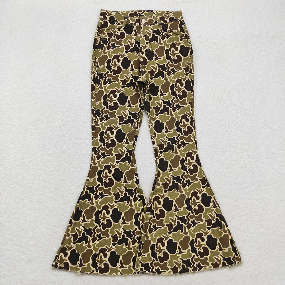 USA Shop Adult Women Ducks Green Camo Denim Bell Bottoms Pants Jeans Clothes