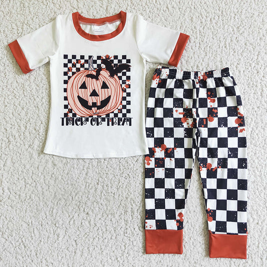 Promotion Baby Boys Kids Short Sleeves Halloween Pumpkin Shirt Checked Pants Outfit