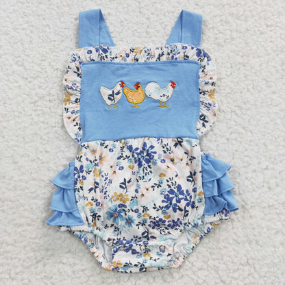 SR0285 Baby Girls Infant Embroidery Chicken Flower Blue Ruffle Bubble Romper Clothes