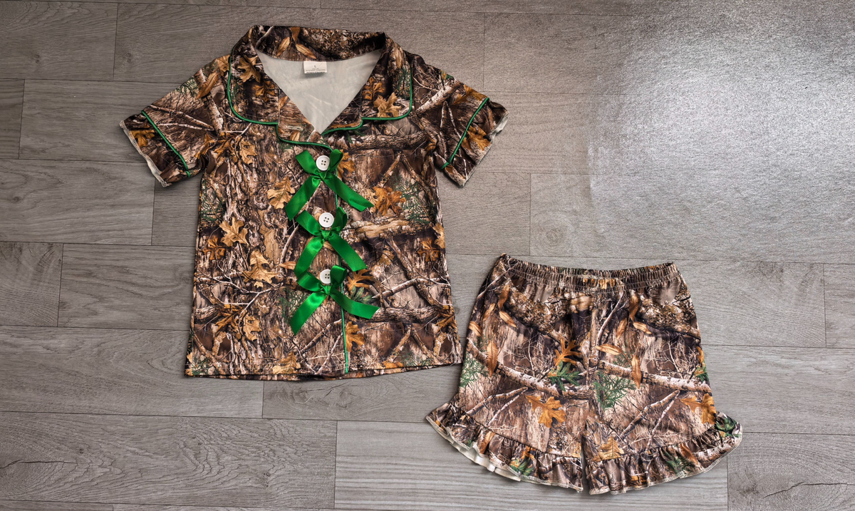 Baby Girls Kids Green Bows Buttons Shirt Camo Ruffle Shorts Hunting Pajamas Set