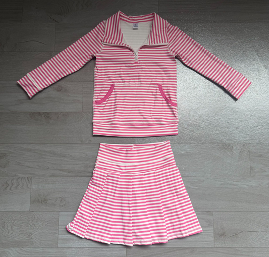 No moq  Preorder Baby Girls Kids Long Sleeves Pink Stripes Zipper Shirt Skirt Shorts Set Yoga Active Clothes