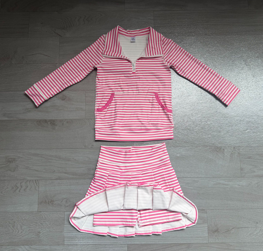 No moq  Preorder Baby Girls Kids Long Sleeves Pink Stripes Zipper Shirt Skirt Shorts Set Yoga Active Clothes