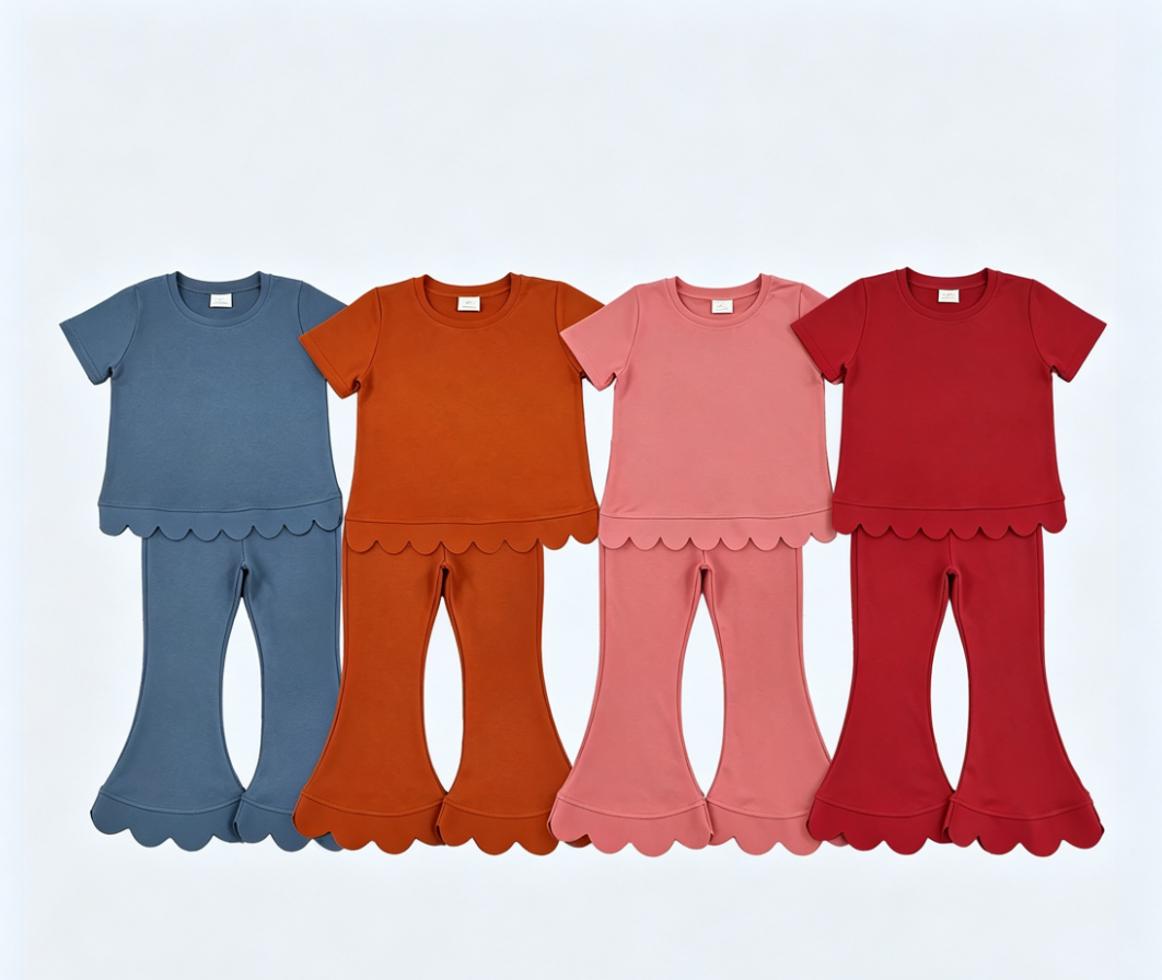 Sibling Baby Girls Kids Short Sleeves Shirts Bell Pants Scallop Cotton Sets Clothes