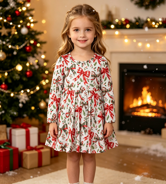 Baby Girls Kids Bows Christmas Knee Length Ruffle Dress Clothes