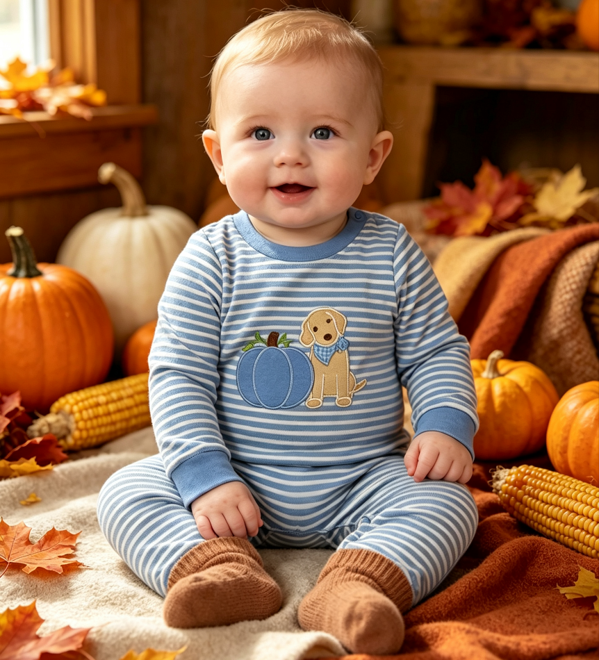 Baby Boys Kids Embroidery Pumpkins Dog Blue Stripes Fall Romper Clothes