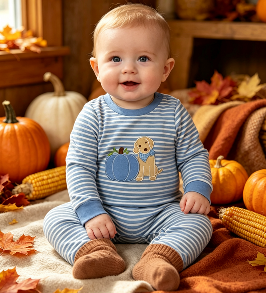 Baby Boys Kids Embroidery Pumpkins Dog Blue Stripes Fall Romper Clothes
