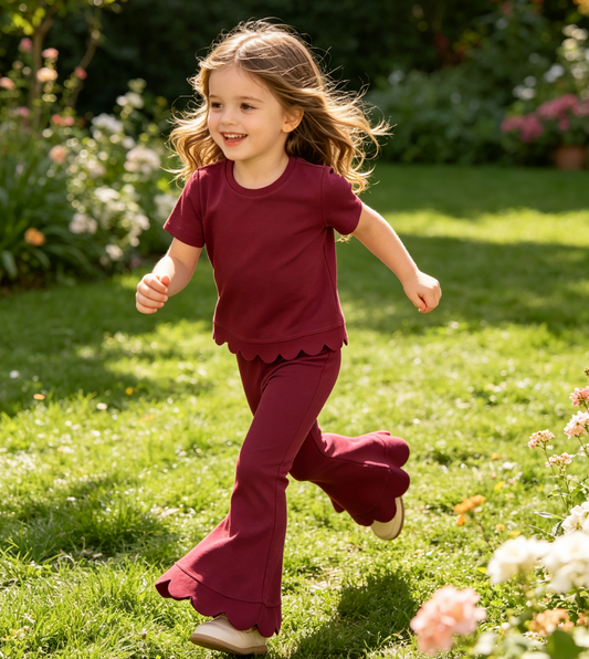Baby Girls Kids Short Sleeves Dark Red Shirt Pants Scallop Set Clothes