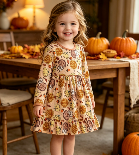 Baby Girls Kids Long Sleeves Pumpkins turkey Fall Knee Length  Dress