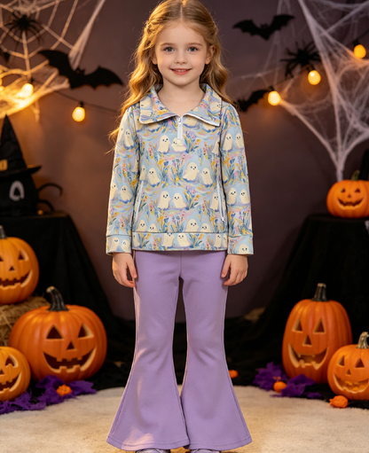 Baby Girls Kids Ghosts Flower Zipper Pockets Tops Purple Pants Set Halloween Clothes