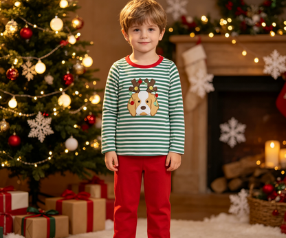Baby Boys Kids Embroidery Dog Stripes Shirt Red Pants Set Christmas Clothes