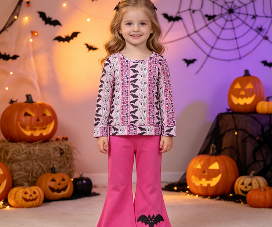 Baby Girls Kids Long Sleeves Ghosts Bats Shirt Bell Pants Halloween Set Clothes