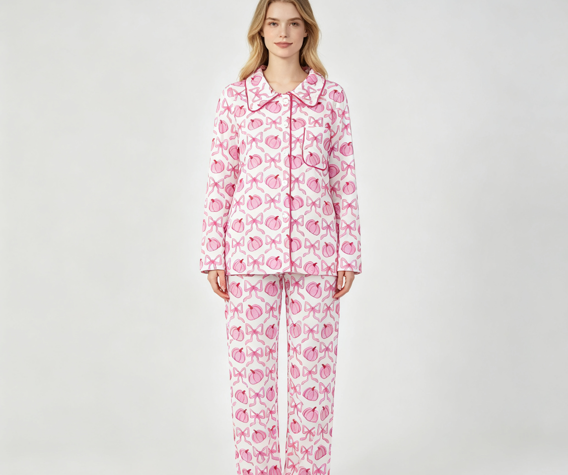 Adult Women Pumpkins Pink Bows Buttons Shirt Pockets Pants Pajamas Set Fall Clothes