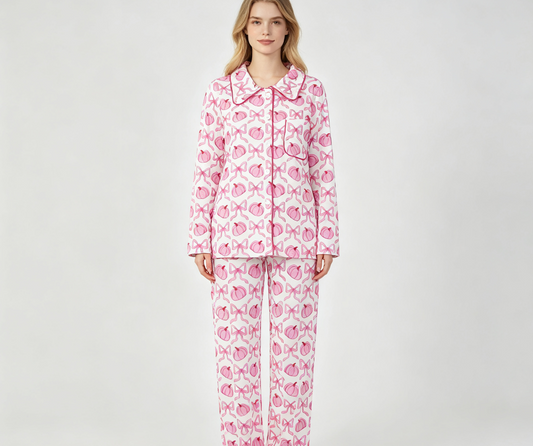 Adult Women Pumpkins Pink Bows Buttons Shirt Pockets Pants Pajamas Set Fall Clothes