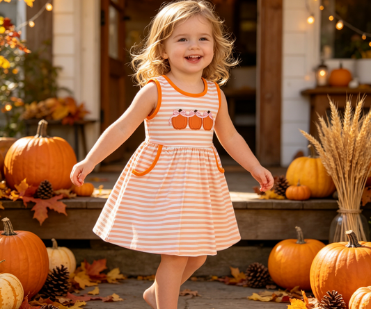 Baby Girls Kids Embroidery Pumpkins Bows Stripes Pockets Dress Fall Clothe
