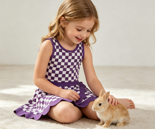 Baby Girls Kids Sleeveless Purple Checked Shirt Scallop Skirt Shorts Yoga Active Set Clothes