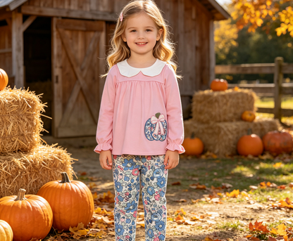 Baby Girls Kids Embroidery Pumpkin Bow Tunic Flower Pants Set Fall Clothes