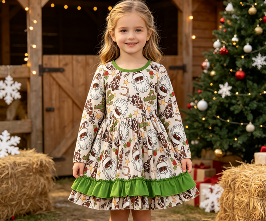 Baby Girl Long Sleeves Santa Cactus Christmas Green Ruffle Dress