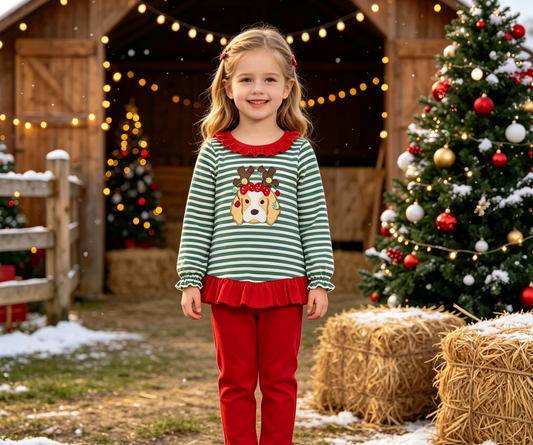 Baby Girls Kids Embroidery Dog Stripes Tunic Red Pants Set Christmas Clothes
