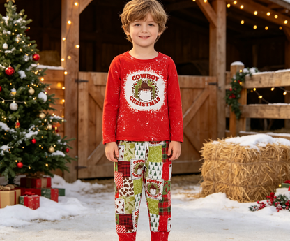 Baby Boy Kids Long Sleeves Cowboy Christmas Red Shirt Pockets Pants Set Clothes