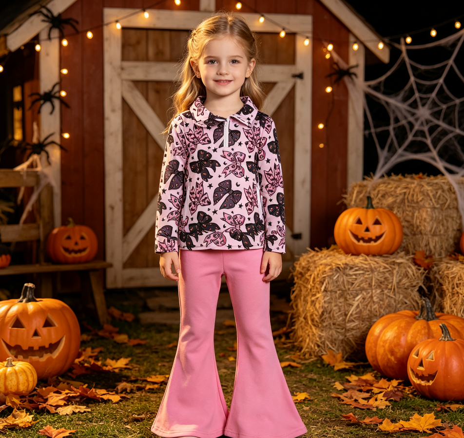 Baby Girls Kids Halloween Bows Zipper Pockets Tops Pink Pants Set Clothes
