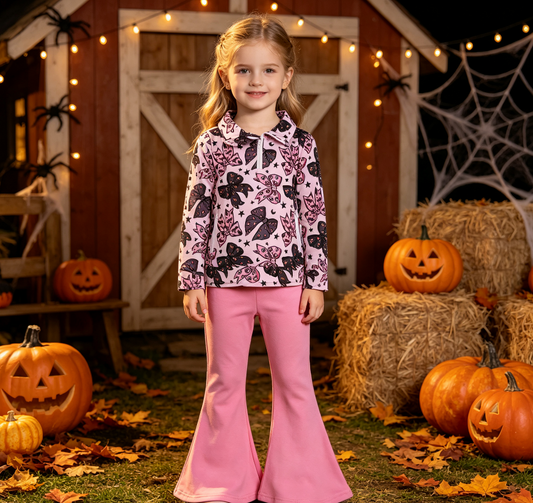 Baby Girls Kids Halloween Bows Zipper Pockets Tops Pink Pants Set Clothes