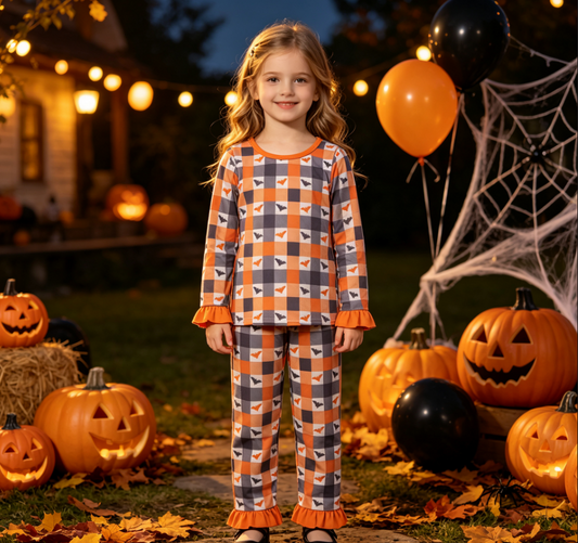 Baby Girls Kids Bats Plaid Shirt Pants Halloween Set Pajamas Clothes